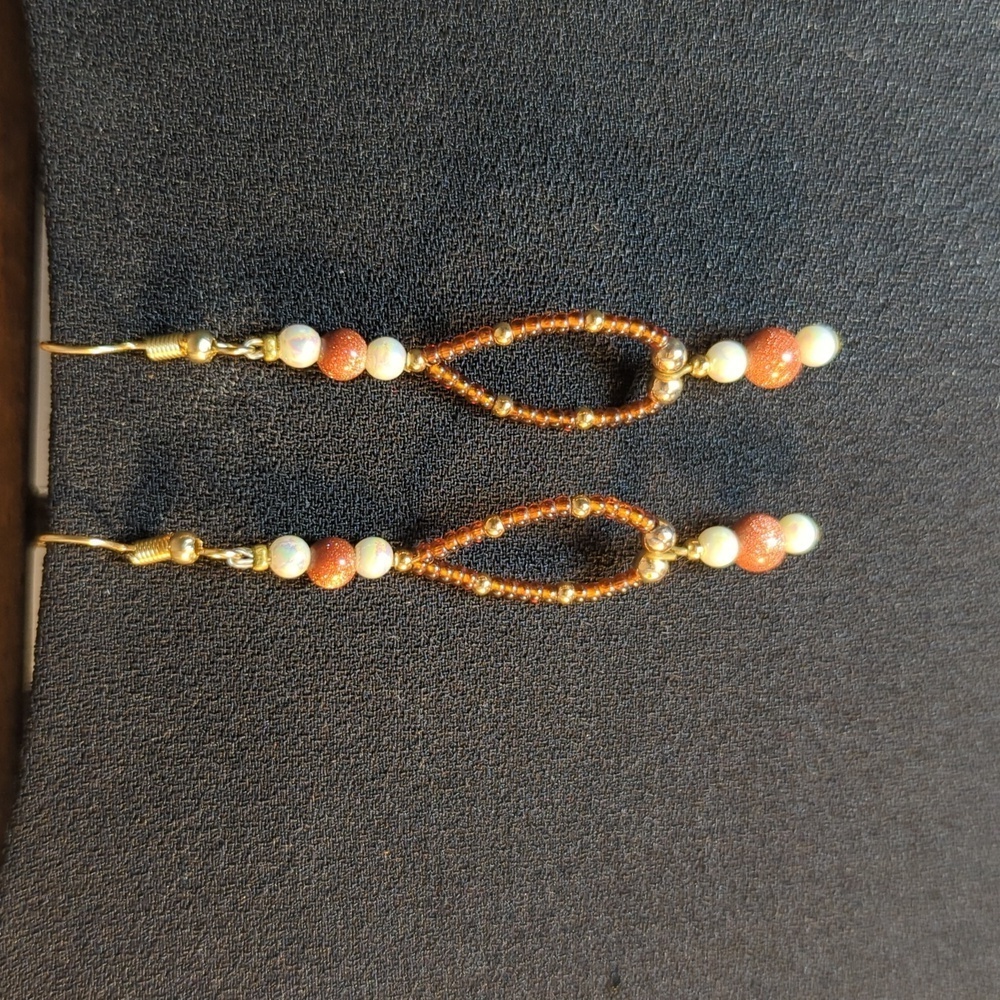 Goldstone Earrings brown hand crafted beaded faux pearl gold hook 3" drop